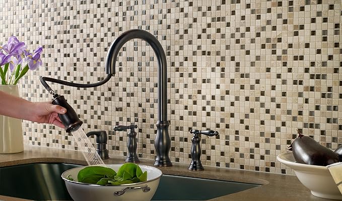 Pfister Hanover Kitchen Sink Faucet with Pull Down Sprayer and Soap Dispenser, 2-Handle High Arc Design, 4-Hole Installation, Tuscan Bronze Finish for Kitchen Sink F5314HNY
