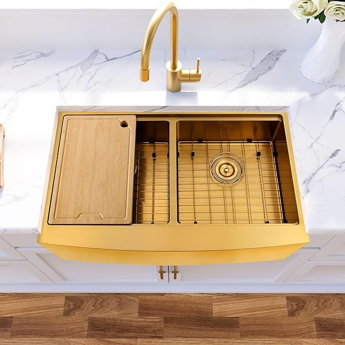 MILOSEN Gold Farmhouse Kitchen Sink, 33x20x10 Inch 50/50 Double Bowl Apron Front Undermount Sink, Gold Stainless Steel Workstation Farm Sinks with Ledge & Accessories, 10'' Deep Handmade Kitchen Sinks