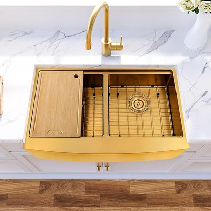 MILOSEN Gold Farmhouse Kitchen Sink, 33x20x10 Inch 50/50 Double Bowl Apron Front Undermount Sink, Gold Stainless Steel Workstation Farm Sinks with Ledge & Accessories, 10'' Deep Handmade Kitchen Sinks