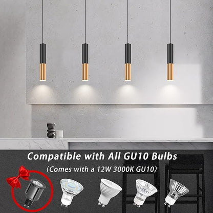 Simple and Modern Black Cylindrical Pendant, 1-Light Chandelier with Adjustable Rope, Matching GU10 Sockets for Living Room, Bedroom and Dining Room (Wide Beam Angle) (2 Pack)