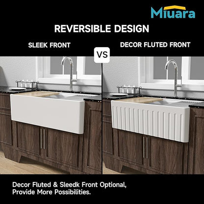 Miuara White Farmhouse Workstation Sink 31 Inch - Fireclay Apron Front Kitchen Sink Reversible 31"x18"x10", Farm House Style, Heavy Duty Deep Single Bowl, Undermount Installation, for Kitchen