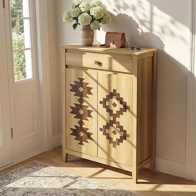 5-Tier Shoe Cabinet with Drawers, Wooden Shoe Storage Cabinet with Adjustable Shelves,Simple Tribal Style Freestanding Walnut Shoe Cabinet Suitable for Entrance,Corridor,Cloakroom,Natural