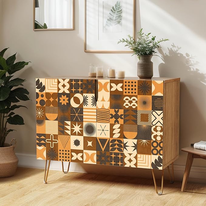SIGNWIN Sideboard Buffet Cabinet, Kitchen Storage Cabinet with 2 Doors, Brown Polygon Collage Pattern, Cupboard Console Table for Dining Room - 35" L x 18" W x 29" H