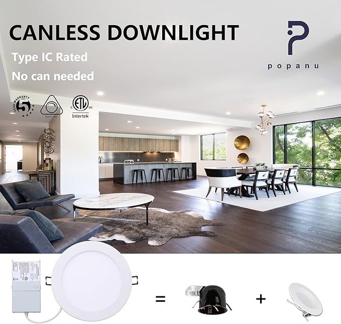 POPANU Premium LED Canless Recessed Lighting 6 Inch 5 CCT Adjustable Ceilling Wafer Light with Junction Box, 12W Color Temperature SelectableUltra-Thin Downlight Fixture, Dimmable, 6 Pack, White