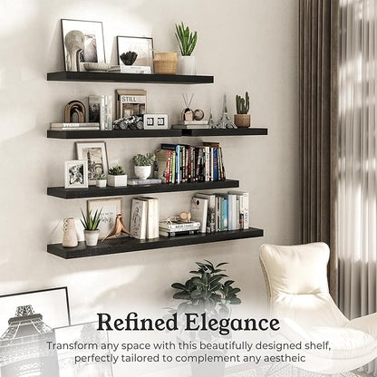 Floating Shelves for Wall, 9.3" Deep Wall Mounted Wood Shelves for Bathroom, Bedroom (Black, 55)
