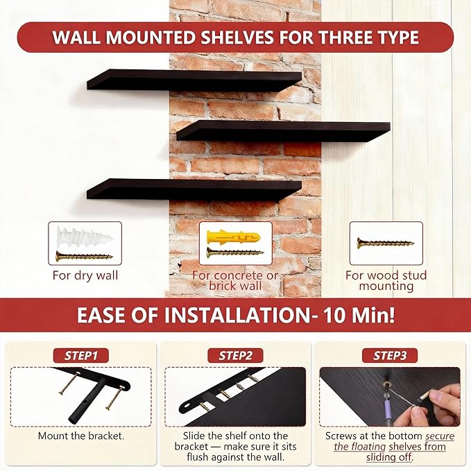 ROGMARS Black Floating Shelves for Wall,36 inch Rustic Wooden Floating Wall Mounted Book Shelves with Invisible Brackets for Living Room, Bedroom, Kitchen, Bathroom,Set of 3