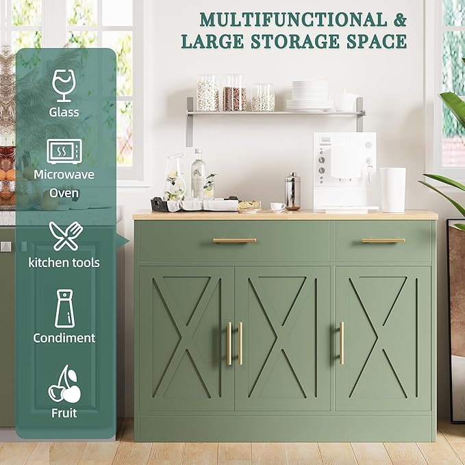 Shintenchi 3 Doors Farmhouse Sideboard Buffet Cabinet,42" Barn Doors Buffet with Storage,Wood Coffee Bar Cabinet with Adjustable Shelf for Kitchen,Living Room,Green