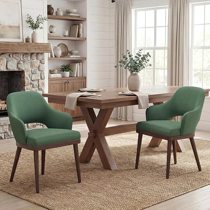 MALOL Wooden Dining Chairs Set of 2, Modern Fabric Upholstered Dining Room Chair, Kitchen Side Chairs, Farmhouse Dinner Chair with Open Back for Kitchen, Green