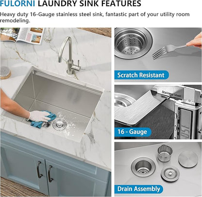 21"x19" Undermount Laundry Utility Sink Workstation – 16 Gauge 304 Stainless Steel, 13 Inch Deep Single Bowl Under Counter Sink Basin for Laundry Room, RV or Utility Use
