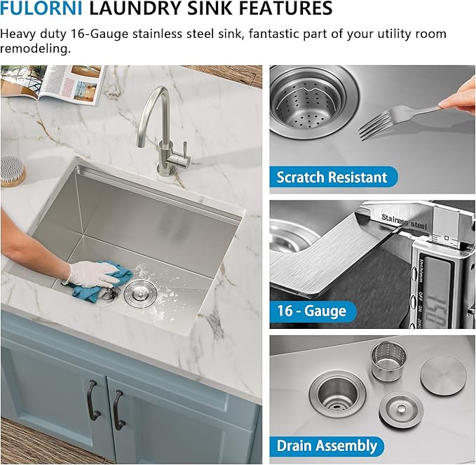 21"x18" Undermount Laundry Utility Sink Workstation – 16 Gauge T304 Stainless Steel, 12 Inch Deep Single Bowl Under Counter Basin for Laundry Room, RV or Utility Use