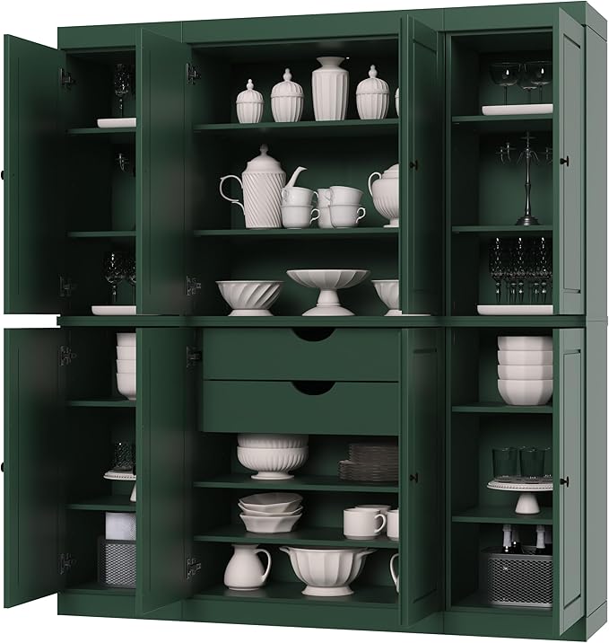 Palace Imports Solid Wood Storage Cabinet - 71.5" Tall, 65" Wide Freestanding Kitchen Pantry with 2-Drawer Kit & Adjustable Shelves – Green, Renewable Eco-Friendly 100% Wood, Made in Brazil