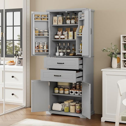 Storage Cabinet with 4 Doors and 2 Drawers, 72.5" H Kitchen Cabinet with 6 Door Shelves, Kitchen Storage Cabinets with Adjustable Shelves for Living Room, Gray