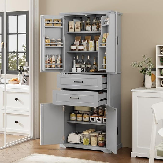 Storage Cabinet with 4 Doors and 2 Drawers, 72.5" H Kitchen Cabinet with 6 Door Shelves, Kitchen Storage Cabinets with Adjustable Shelves for Living Room, Gray