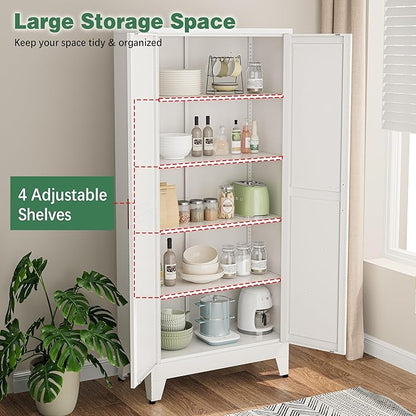 Bevivog 71" Kitchen Pantry Cabinet, Metal Storage Cabinet with 2 Doors and 4 Adjustable Shelves, Farmhouse Tall Metal Pantries Cabinets Storage for Kitchen, Home Office, Living Room, Laundry