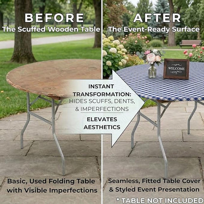 Kwik-Covers 10 Pack of Round Plastic Table Covers - 60" or 72" Round - Indoor or Outdoor Fitted Covers (Tables NOT Included) (Blue Gingham, 72" Round)