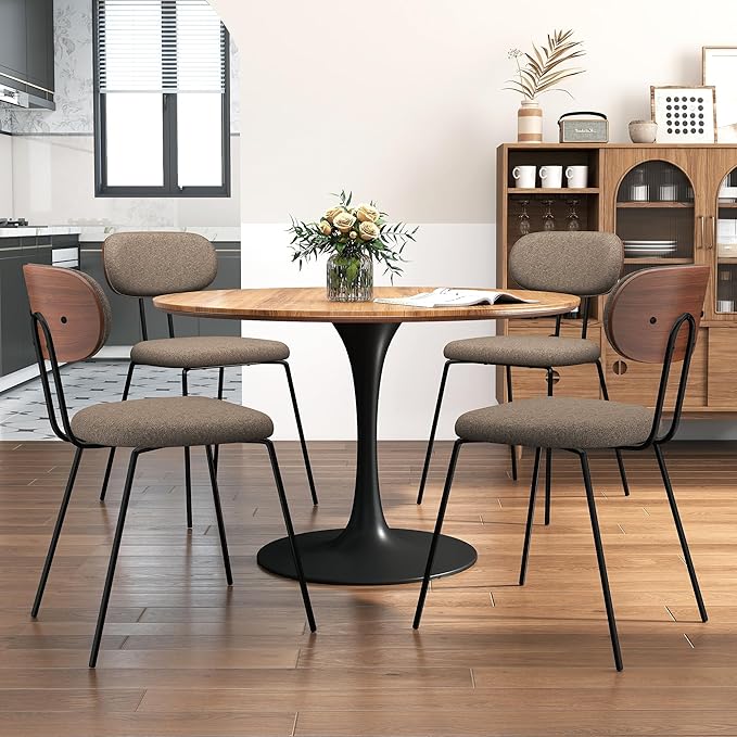 LSSPAID Dining Chairs Set of 4, Linen Fabric Upholstered Dining Room Chairs with Walnut Bentwood Back, Mid-Century Modern Kitchen Chairs with Adjustable Feet Pads, Coffee