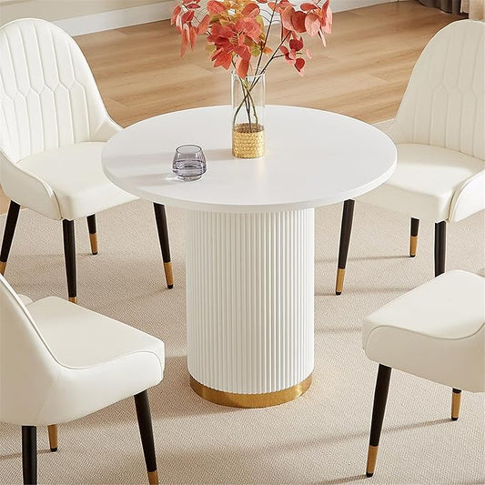 AF ARTISAN FURNITURE Round Dining Table for 4, 35.04" Farmhouse Kitchen Table, One-Piece Solid Wood Top with Gold Stainless Steel Base, Small Circle Dining Table for Kitchen & Living Room, White