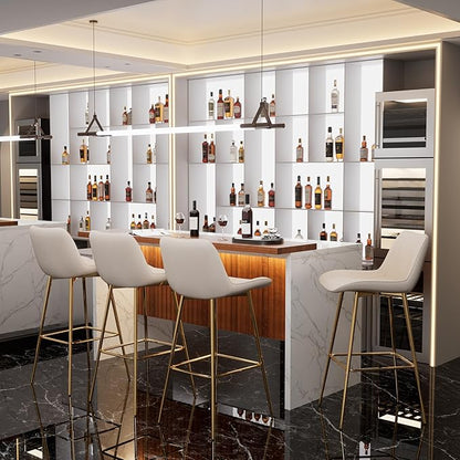 Modern Bar Table and Bar Stools Set, Marble-Look Counter Table with Wood Accent Top & Beige Velvet Bar Chairs Set of 4 with Gold Legs, Kitchen Island Pub Table Set for Home Bar, Dining Room