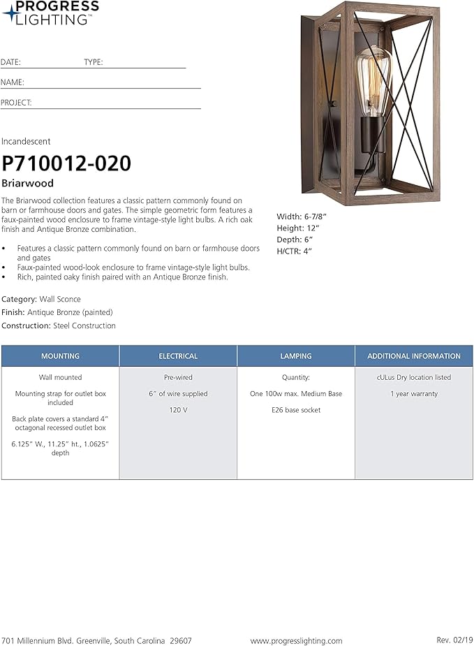 Progress Lighting P710012-020 Briarwood Antique Bronze One-Light Wall Sconce, Architectural