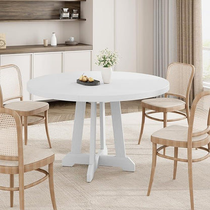 GarveeHome Round Dining Table for 4, 47 Inches Dining Room Table with Wooden Base, Kitchen Table with Circle Tabletop, Dinner Table for Dining Room, Kitchen, Living Room, White