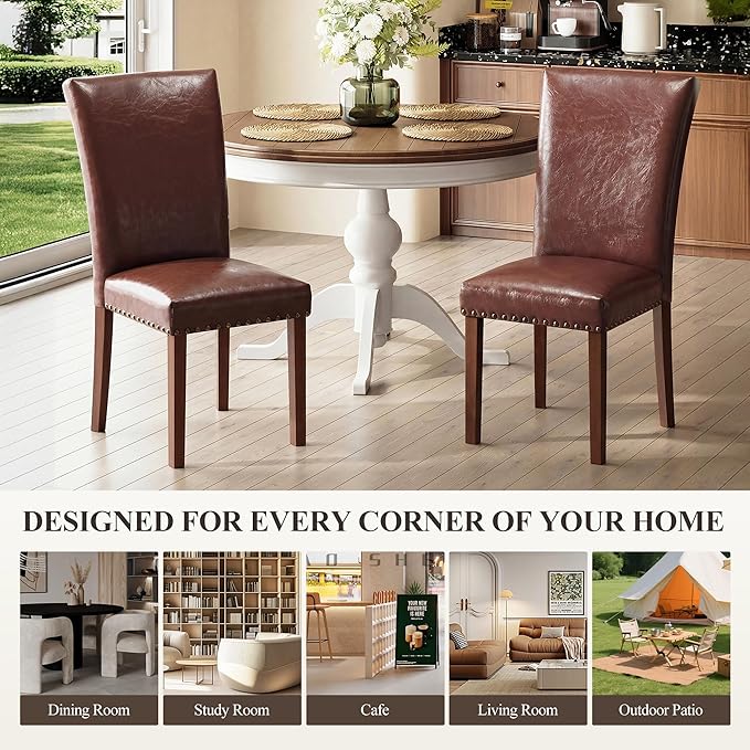 COLAMY Upholstered Parsons Dining Chairs Set of 4, PU Leather Dining Room Kitchen Side Chair with Nailhead Trim and Wood Legs - Light Brown