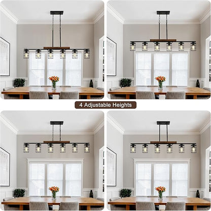 47.2" Farmhouse Kitchen Light Fixture, Black Hanging Kitchen Chandelier, 6-Light Rustic Dining Room Light Adjustable Height with Wood and Metal Frame, Suit for Farmhouse, Industrial Style