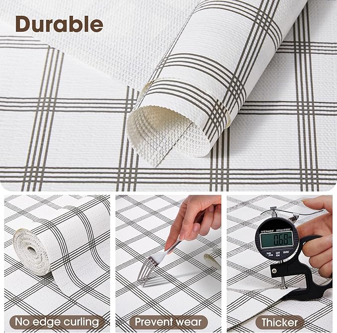 Drawer and Shelf Liner, Non-Slip Kitchen Cabinet Liners Non-Adhesive Thick Strong Grip Waterproof Washable Mats Protect Dresser Shelves Cupboard Bathroom Cabinets, White Stripes, 18IN X 30FT