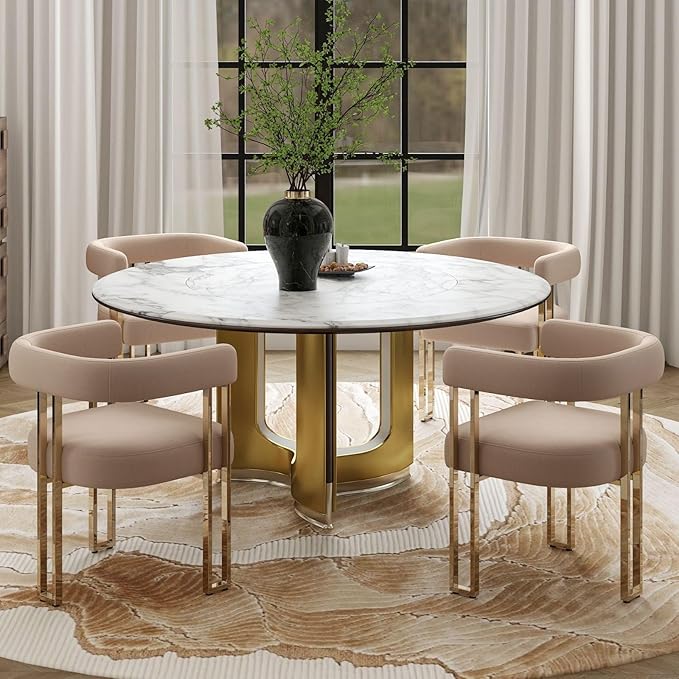 Hyfirm Velvet Dining Chairs Set of 4, Khaki Upholstered Barrel Armchairs with Gold Metal Legs for Kitchen Island, Mid Century Modern Accent Side Chairs for Dining Room and Living Room, Open-Back