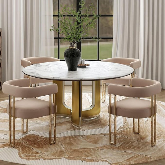 Hyfirm Velvet Dining Chairs Set of 4, Khaki Upholstered Barrel Armchairs with Gold Metal Legs for Kitchen Island, Mid Century Modern Accent Side Chairs for Dining Room and Living Room, Open-Back