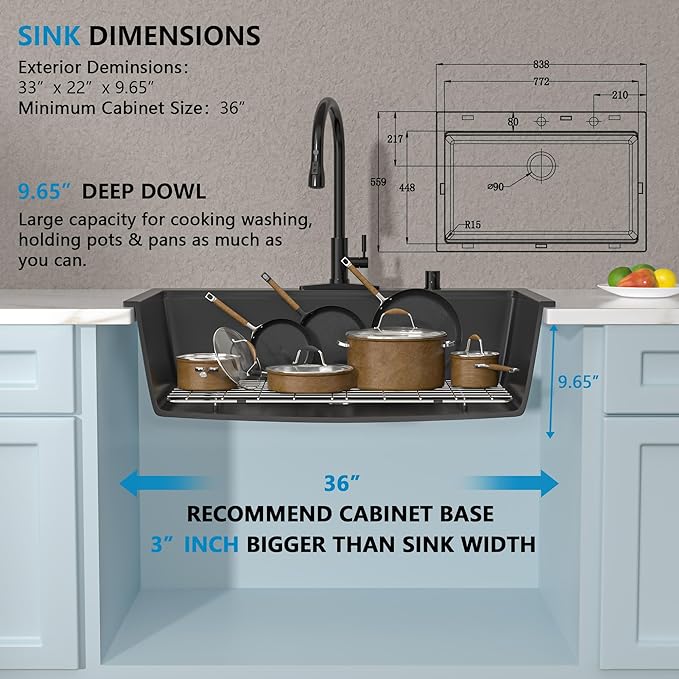33"x22" Granite Composite Kitchen Sink - Matte Black Ledge Workstation Drop-In Top Mount Quartz Classic Above Counter Single Bowl Basin