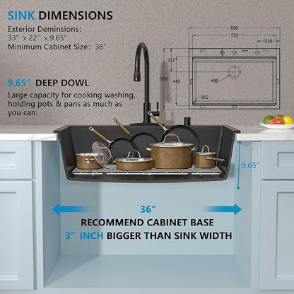 33 Granite Composite Kitchen Sink - Fulorni 33"x22" Granite Kitchen Sink Drop In Topmount Ledge Workstation ‎Matte Black Quartz Classic Above Counter Single Bowl Sink Basin