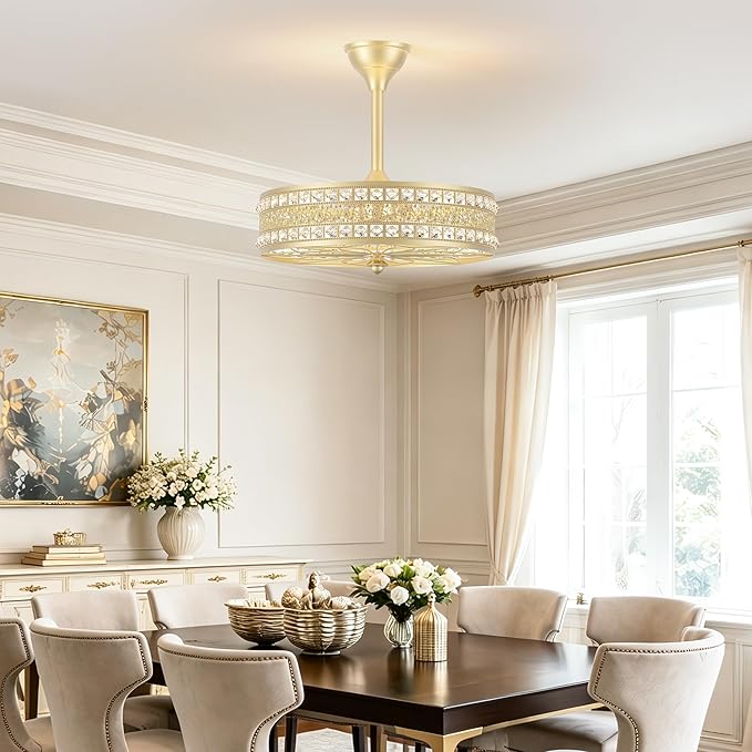 Fandelier Ceiling Fan with Light, Crystal French Glam Chandelier Fan, Decorative Bladeless Enclosed Caged Pendant Light Fixture for Girls Room, Bedroom, Dining Room, Kitchen Island