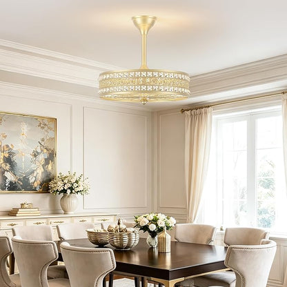 Fandelier Ceiling Fan with Light, Crystal French Glam Chandelier Fan, Decorative Bladeless Enclosed Caged Pendant Light Fixture for Girls Room, Bedroom, Dining Room, Kitchen Island