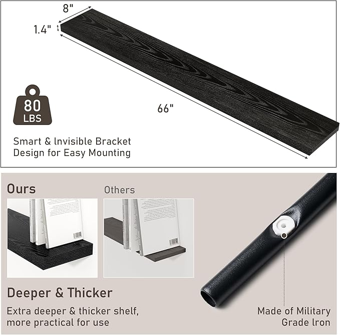Floating Shelves for Wall, 66 Inch Floating Shelves Set of 2, Wall Mounted Rustic Wood Shelf for Bathroom, Living Room, Bedroom and Kitchen, Hanging Shelf for Storage, Books, Home Decor, Black