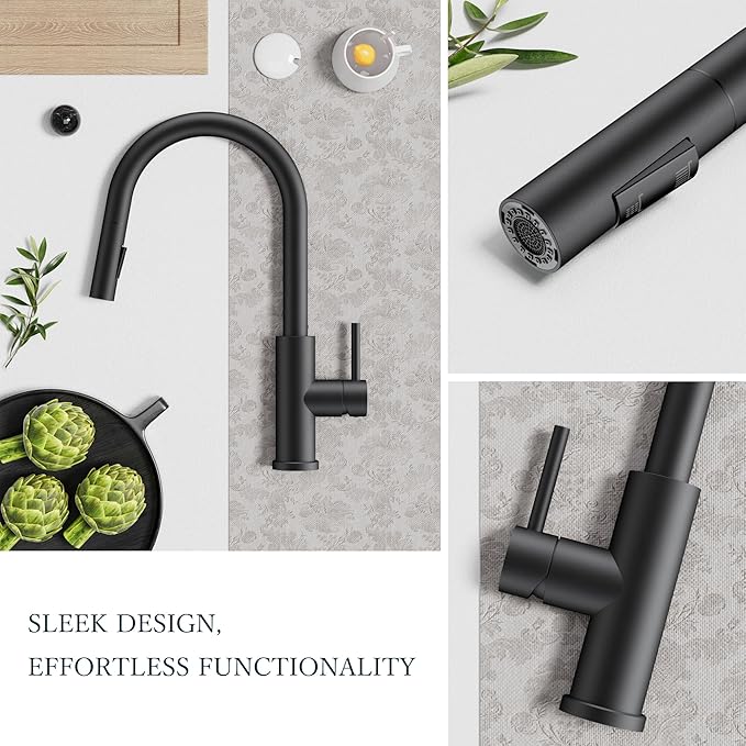 FORIOUS Kitchen Faucets with Pull Down Sprayer, Black Classic Single Handle Stainless Steel High Arc Faucet for Kitchen Sink, 1 Hole with Deck Plate Sink Faucet for Bar RV Farmhouse Outdoor Laundry