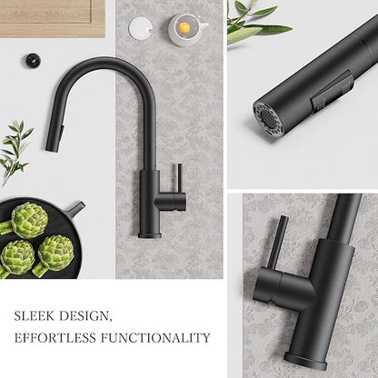 FORIOUS Kitchen Faucets with Pull Down Sprayer, Black Classic Single Handle Stainless Steel High Arc Faucet for Kitchen Sink, 1 Hole with Deck Plate Sink Faucet for Bar RV Farmhouse Outdoor Laundry