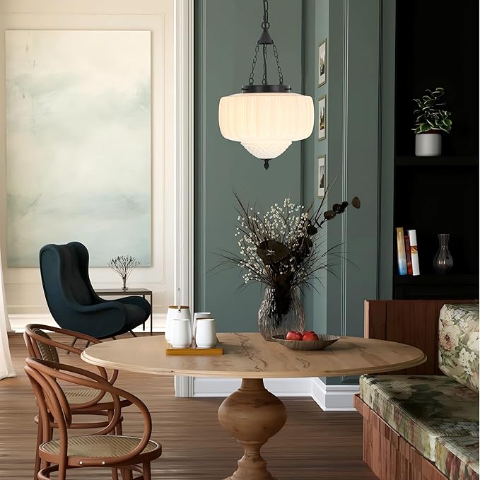 FCTWAKS Milk Glass Pendant Light, 12" Mid Century Modern Schoolhouse Ceiling Light Fixtures, Black Finish with Frosted Glass, Vintage Chandelier for Kitchen Island Dining Room, Bulb Included