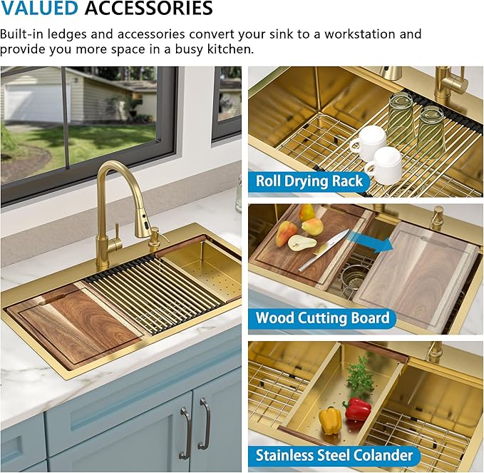 33"x19" Drop In Workstation Kitchen Sink – Brushed Gold NANO-PVD, 16 Gauge T304 Stainless Steel, Single Bowl Luxury Top Mount Sink with Faucet Combo & Soap Dispenser