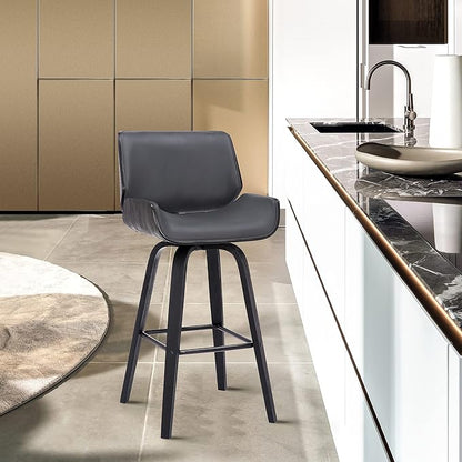 Armen Living Tyler 30" Bar Height Swivel Gray Faux Leather and Black Wood Bar Stool - Set of 4