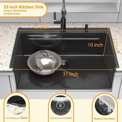 33inch Drop In Kitchen Sink Metal Black - Feibus 33x22x10 Sink with Double Step Workstation 16 Gauge Honeycomb Embossment Stainless Steel Single Bowl