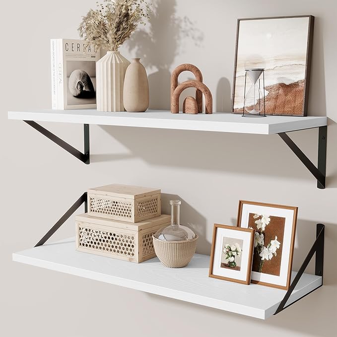Acovy Deep Floating Shelves for Wall,30" Wx10 D Wood Floating Shelf Set of 2,Sturdy Metal Bracket Wide Display & Storage,Wall Mounted Hanging Floating Shelves for Living Room,Bedroom,Kitchen,White