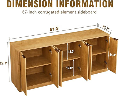 Ball & Cast 67" Modern Fluted Sideboard Buffet Cabinet with Storage,Curved Design Kitchen Coffee Bar Cabinet with 6 Doors & Shelves,Wood Credenza Cabinets Media Console for Living Room,Natural