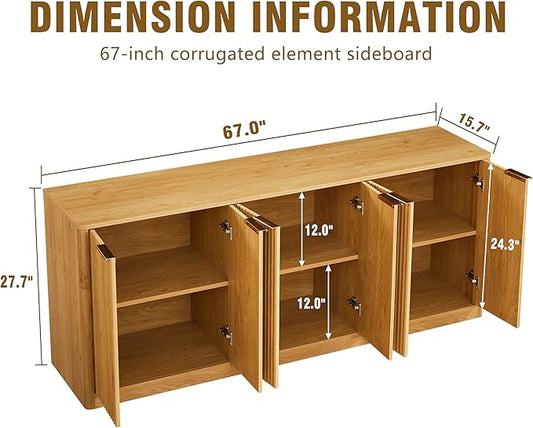 Ball & Cast 67" Modern Fluted Sideboard Buffet Cabinet with Storage,Curved Design Kitchen Coffee Bar Cabinet with 6 Doors & Shelves,Wood Credenza Cabinets Media Console for Living Room,Natural