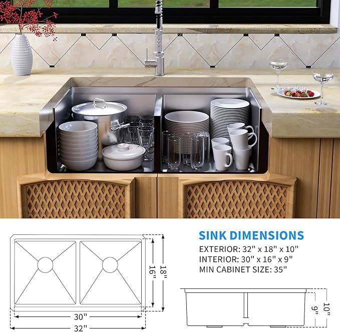 MILOSEN 32''x18'' Double Bowl Undermount Kitchen Sink, T304 Stainless Steel 50/50 Workstation Sink with 10'' Deep Basins & Custom Accessories, Large Handmade Sinks, Modern & Stylish Design