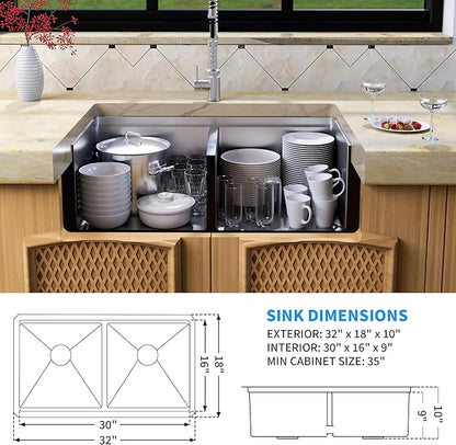 MILOSEN 32''x18'' Double Bowl Undermount Kitchen Sink, T304 Stainless Steel 50/50 Workstation Sink with 10'' Deep Basins & Custom Accessories, Large Handmade Sinks, Modern & Stylish Design