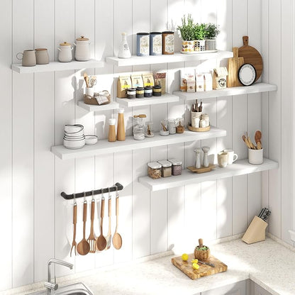 32 Inch Floating Shelves for Wall Set of 2, 8"D Wood Grain Bathroom Shelves with Invisible Brackets, Easy Install Engineered Wood Storage Shelves for Kitchen, Living Room, Bedroom, White Finish