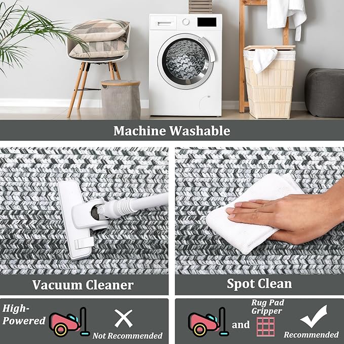 Washable Area Rug 10x13 Rug for Living Room Modern Rugs for Bedroom Grey Rug Imitation Braided Large Area Rug Non Slip Throw Rugs Stain Resistant Carpet for Nursery Dining Room 10'x13' Grey