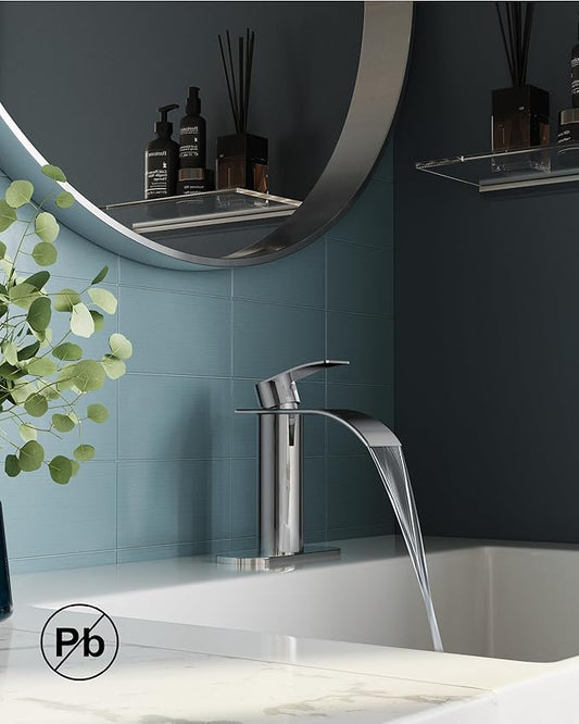 FORIOUS Waterfall Bathroom Faucet One Hole, Chrome Single Handle Bathroom Faucet for 1 or 3 Hole Sink with Metal Pop up Drain, Deck Plate, cUPC Hoses for Vanity, Rv Sink