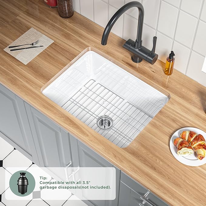 White Fireclay Undermount KItchen Sink 24 Inch, Single Bowl Small Topmount White Undermount Laundry Sink 24''x19''x11'' Drop In, Heavy Duty Deep Basin, Dual Mount, for Kitchen, Island, Laundry