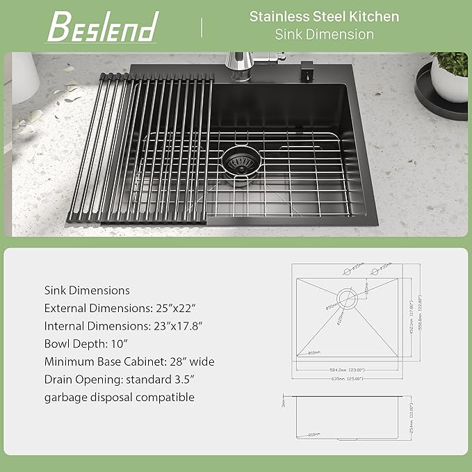 25 Black Drop In Kitchen Sink - Beslend 25”x22”x10” Stainless Steel Gunmetal Black Topmount 16 Gauge 10 Inch Deep Single Bowl Kitchen Sink
